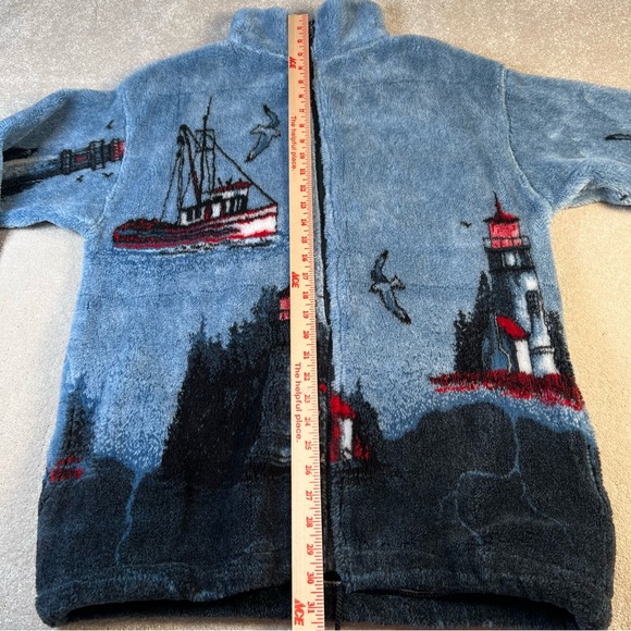 Vintage Coastal Cardigan Sweater Jacket Fleece Zip Up Lighthouse Made in USA Med - Picture 10 of 12